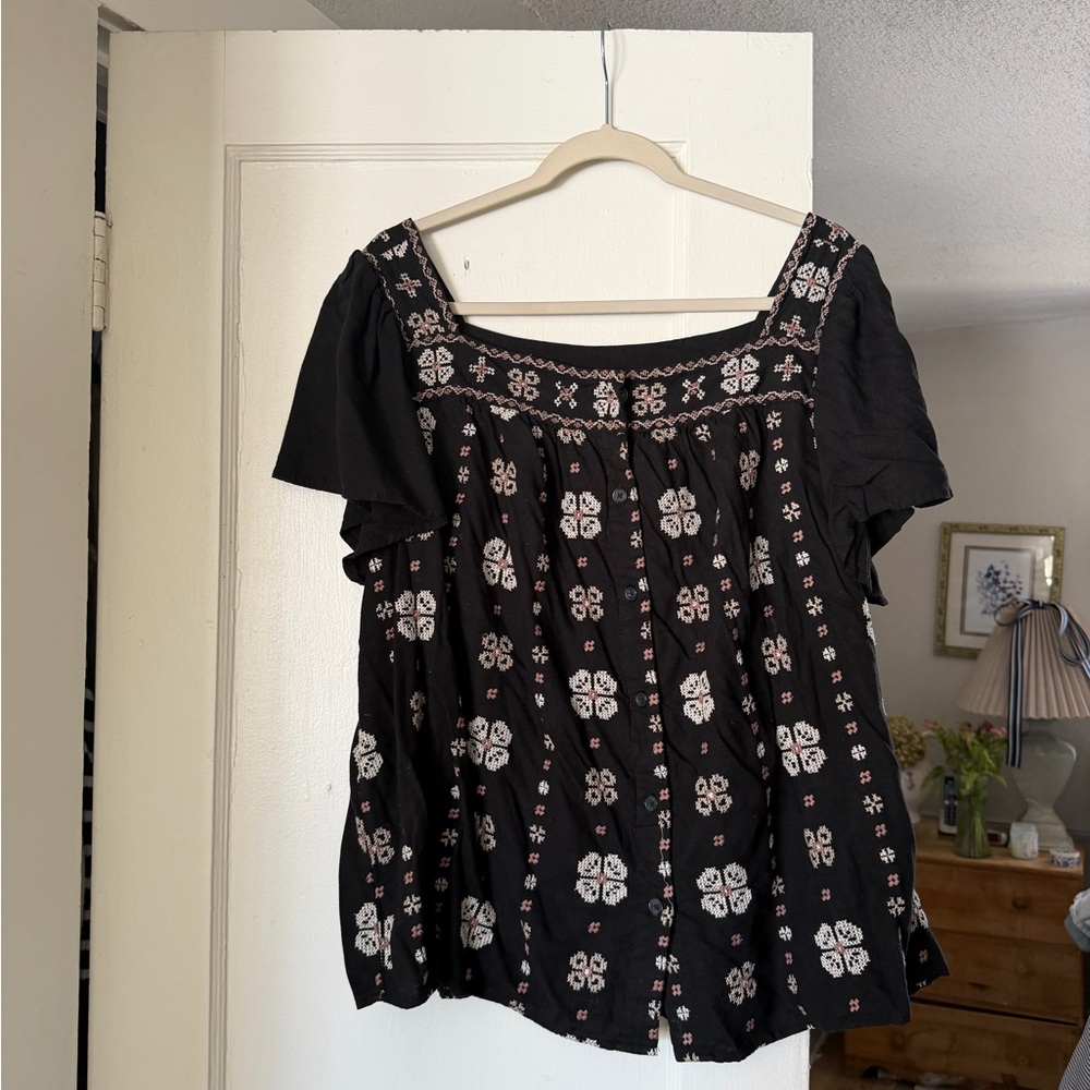 Torrid Black Embroidered Boho Top
